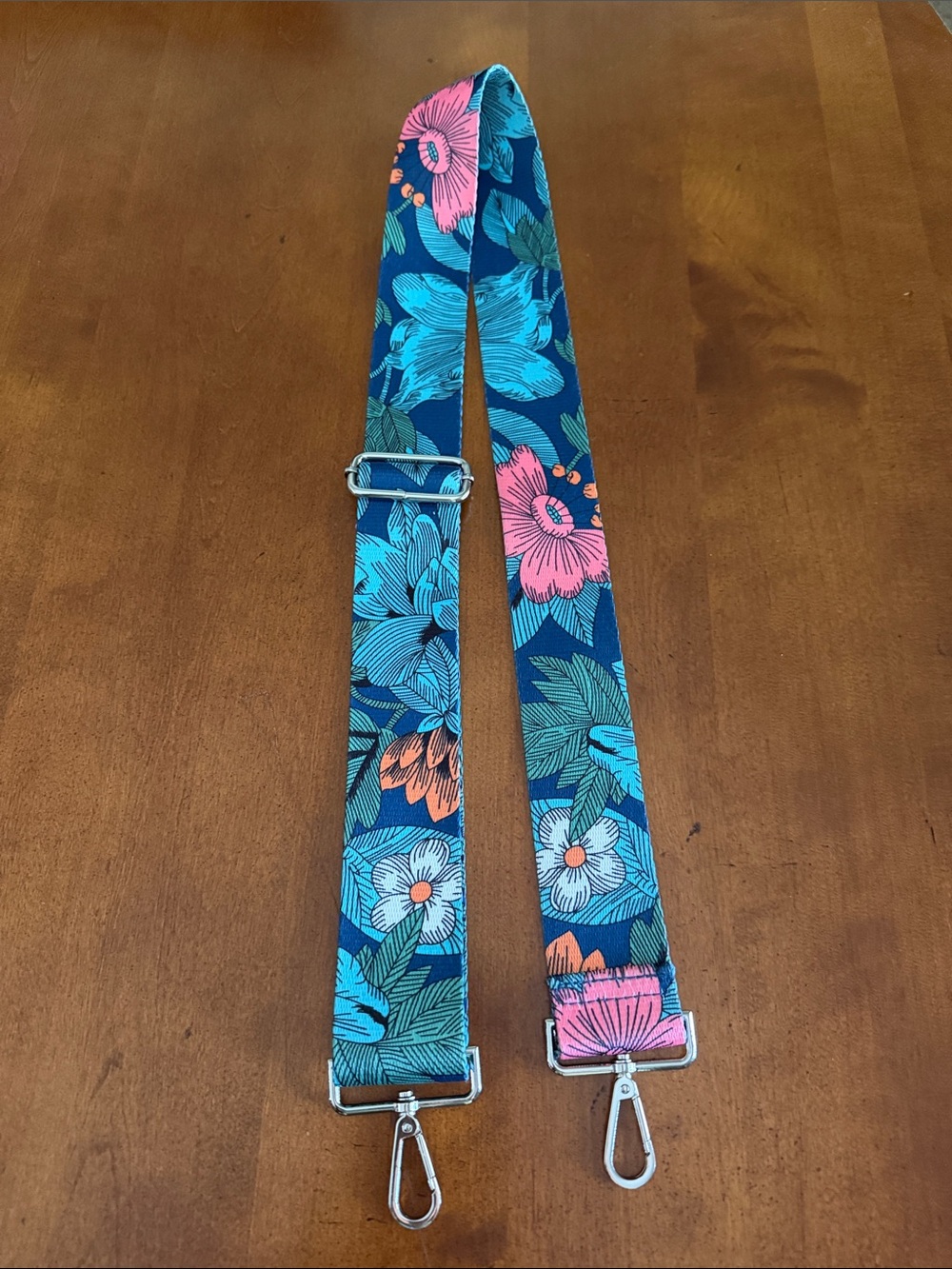 Floral Adjustable Bag Strap - Blue with Pink, white, orange, Teal Flowers